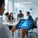 A futuristic AI-powered learning system, represented by a glowing, holographic figure, interacts with a team of professionals in a modern office, displaying data and training modules on floating screens.