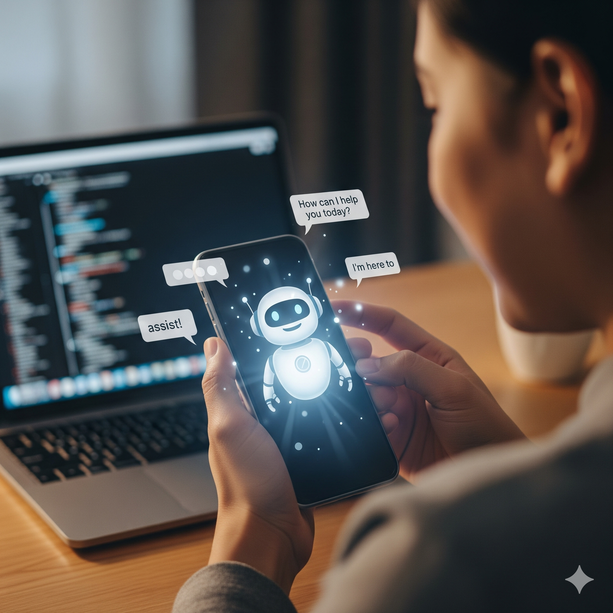 A person holds a smartphone with a friendly, glowing robot avatar on the screen. Chat bubbles with text like "How can I help you today?" surround the robot. In the blurred background, a laptop is open, indicating multitasking and technology use.