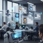 A futuristic, white robot with a glowing face and hands is shown from the chest up, interacting with a human user in a modern office. The robot is pointing toward a holographic screen displaying a conversation. In the background, other holographic AI interfaces and small, diverse robot avatars float in the air, representing various chatbots and conversational robots. The office environment is bright and clean with large windows.
