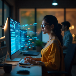Call center KPIs visualized as holographic projections in a futuristic office, autumn, leaves falling outside, data streams in amber, AI monitoring agent performance, emphasis on efficiency, wooden accents, Indian female data scientist in a sari developing new algorithms.