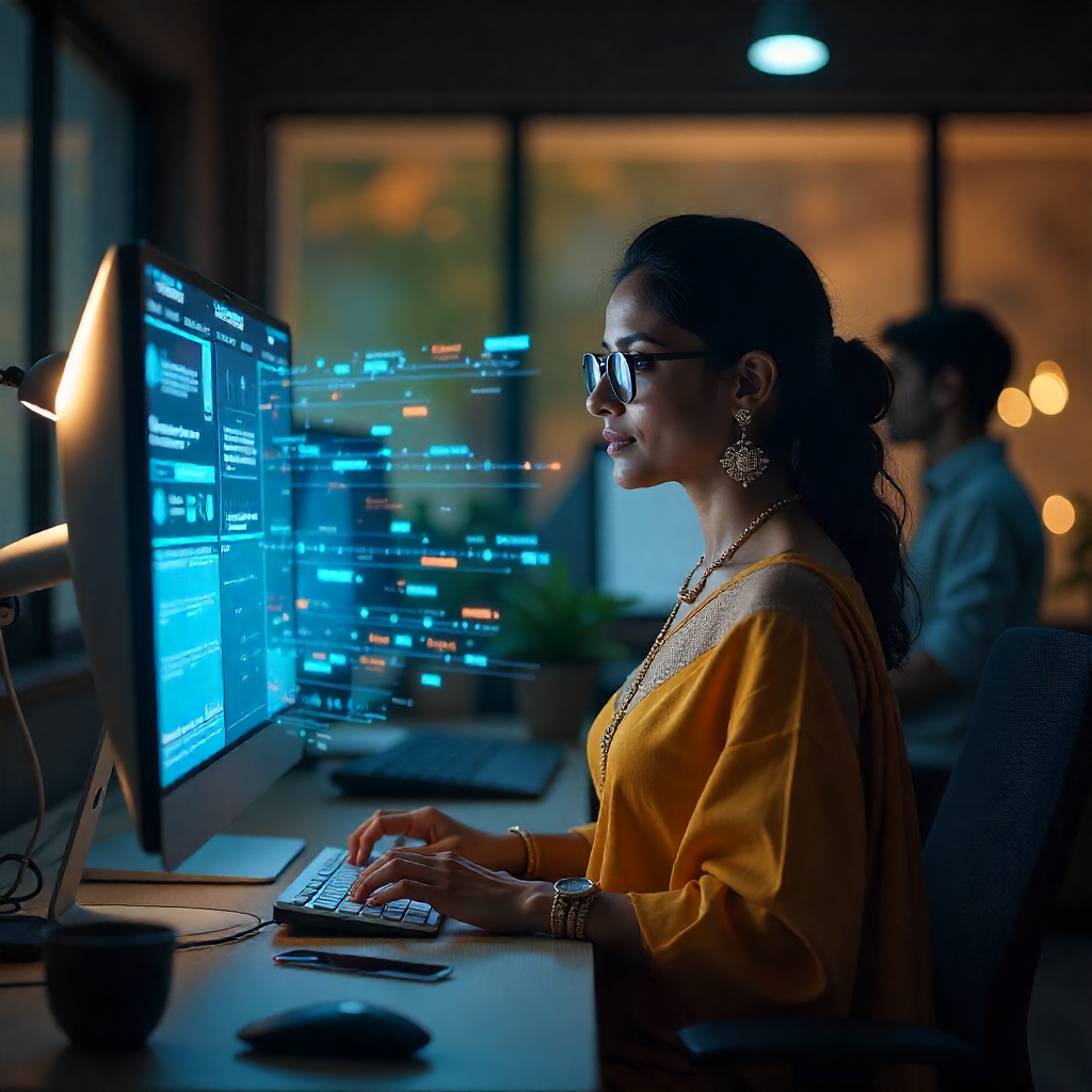 Call center KPIs visualized as holographic projections in a futuristic office, autumn, leaves falling outside, data streams in amber, AI monitoring agent performance, emphasis on efficiency, wooden accents, Indian female data scientist in a sari developing new algorithms.