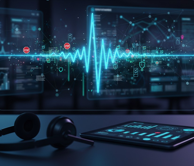 A professional, clean infographic flowchart showing the automated process of how Speech Analytics ensures compliance in customer calls. The flow starts with an audio waveform feeding into a central analysis module. The module has icons for a magnifying glass and a checkmark, representing scanning. Next, arrows lead to specific keyword examples like "guarantee," "promise," and "free." A final step shows a red flag icon and a supervisory symbol, indicating calls with non-compliant language are automatically flagged for review.