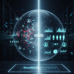 Digital scale in perfect balance with data flow and network connections, representing fairness and the elimination of bias in AI-powered call analytics and quality assurance.