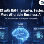 A visualization of advanced AI and data processing, featuring glowing neural connections, a stylized digital brain, and symbols representing speed and cost-efficiency, illustrating Small Language Models (SLMs) with RAFT for business.