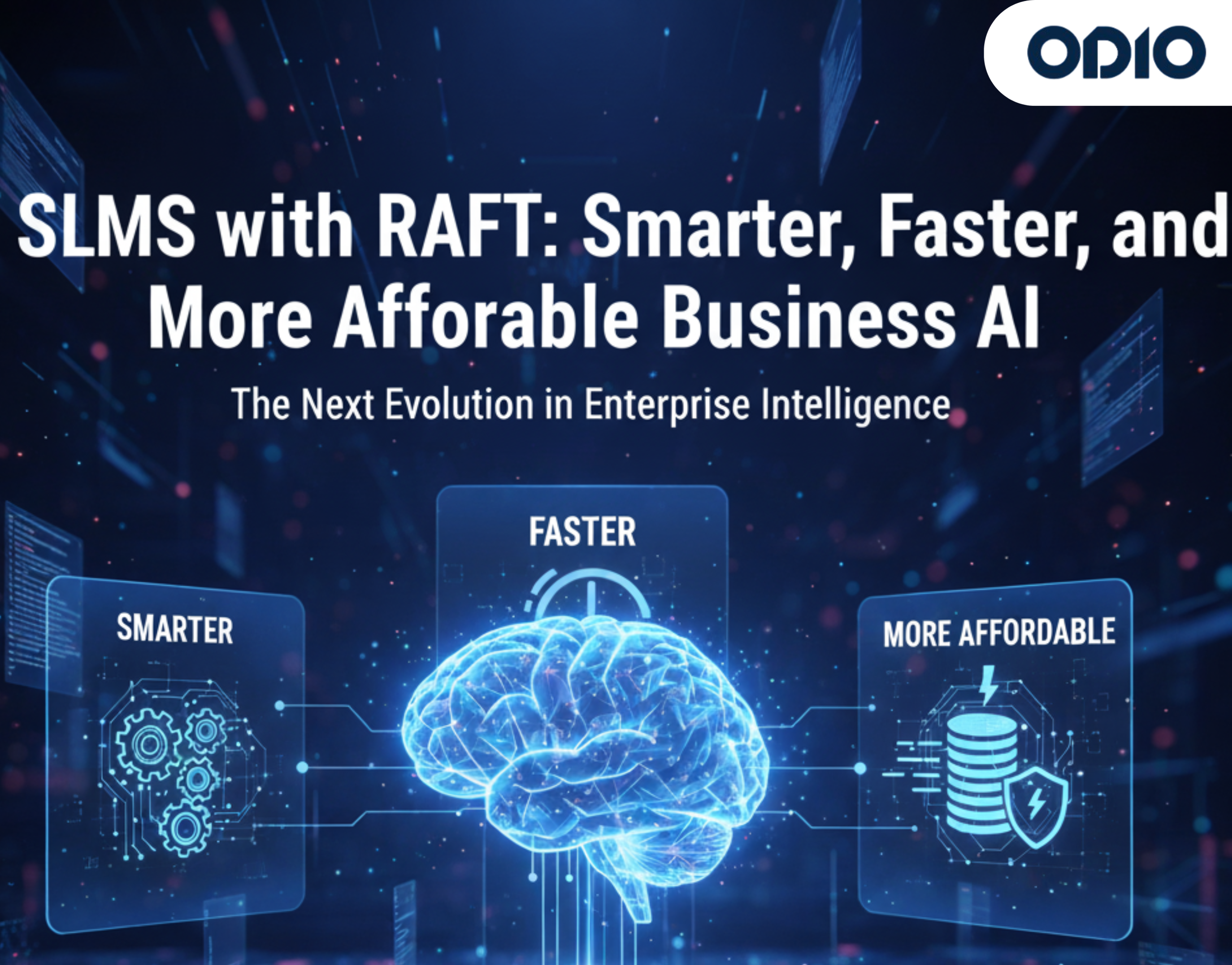 A visualization of advanced AI and data processing, featuring glowing neural connections, a stylized digital brain, and symbols representing speed and cost-efficiency, illustrating Small Language Models (SLMs) with RAFT for business.