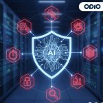 Concise: A shield icon with an "AI" brain at its center, surrounded by seven hexagonal icons representing QA challenges, all set against a blurry server room background. Descriptive: Digital graphic depicting a central shield with an AI brain circuit, radiating lines to seven glowing red hexagonal icons symbolizing various quality assurance challenges (e.g., speed, security, data). The background is a sophisticated, blue-lit server data center.
