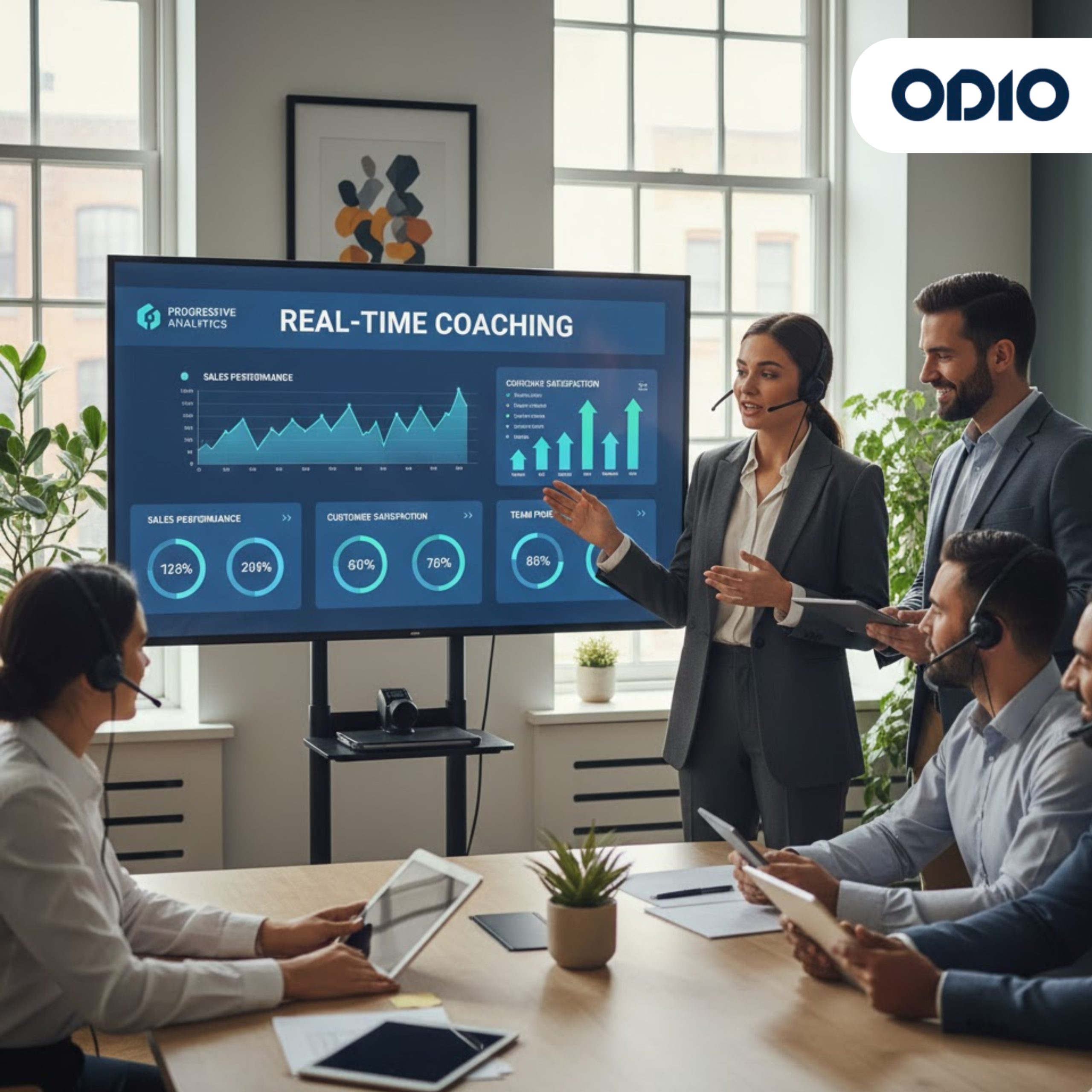 A group of five professionals in a modern office. A coach is presenting real-time performance data (sales and customer satisfaction) on a monitor to four seated team members wearing headsets and looking at tablets.