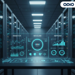 Digital dashboards and screens in a dark, high-tech data environment displaying call analytics, sound wave visualizations, real-time metrics, and quality assurance data, symbolizing AI monitoring and improvement.