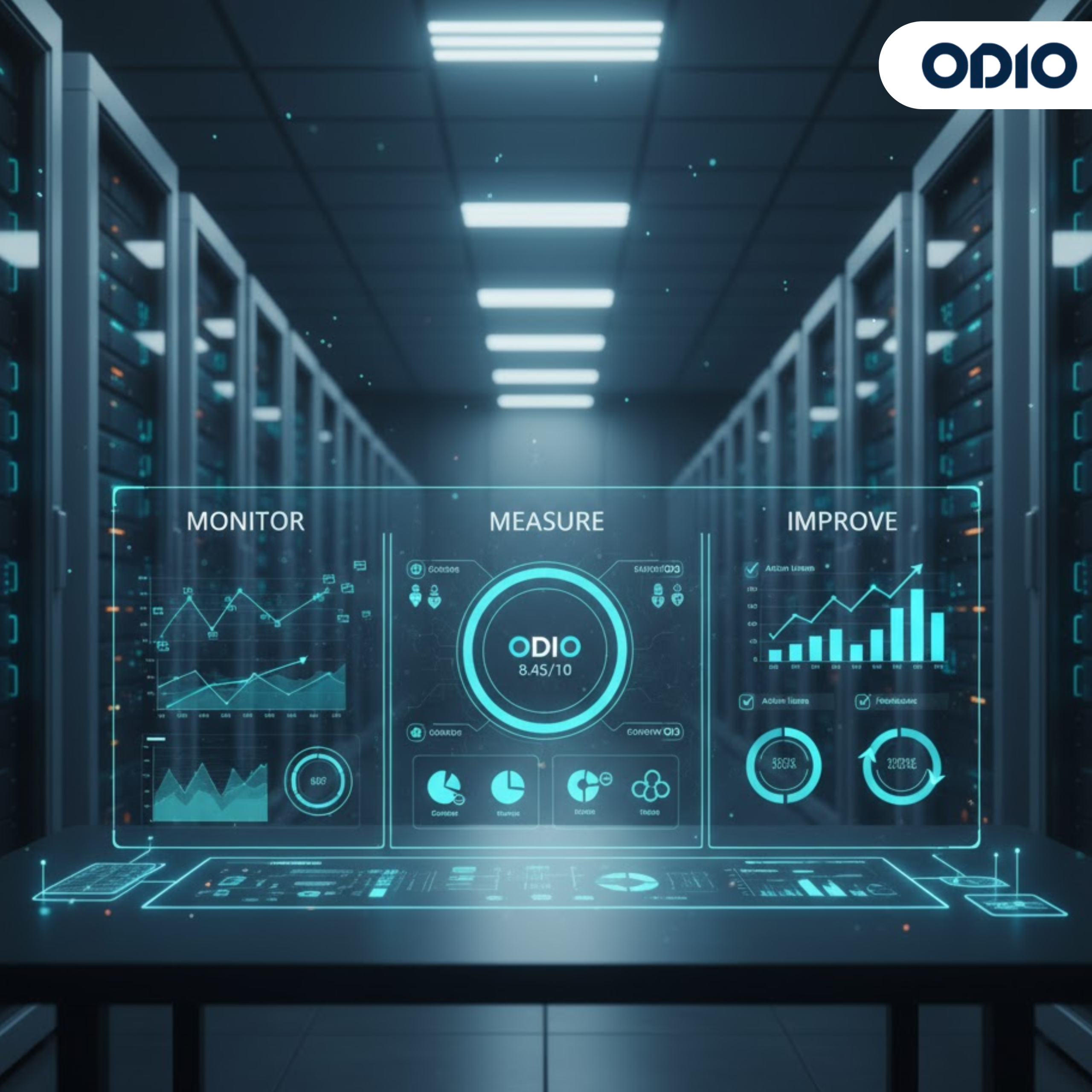 Digital dashboards and screens in a dark, high-tech data environment displaying call analytics, sound wave visualizations, real-time metrics, and quality assurance data, symbolizing AI monitoring and improvement.