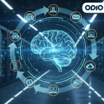 Futuristic blue diagram illustrating the continuous learning cycle of Artificial Intelligence, showing interconnected concepts like Feedback Loops, AI Model Learning, Conversational AI Optimization, and AI Accuracy Improvement, all centered around a digital brain.
