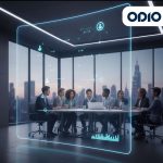 A diverse team of six business professionals sitting at a conference table in a modern, high-rise office, focused on a transparent, digital overlay displaying real-time interaction analytics and performance indicators.