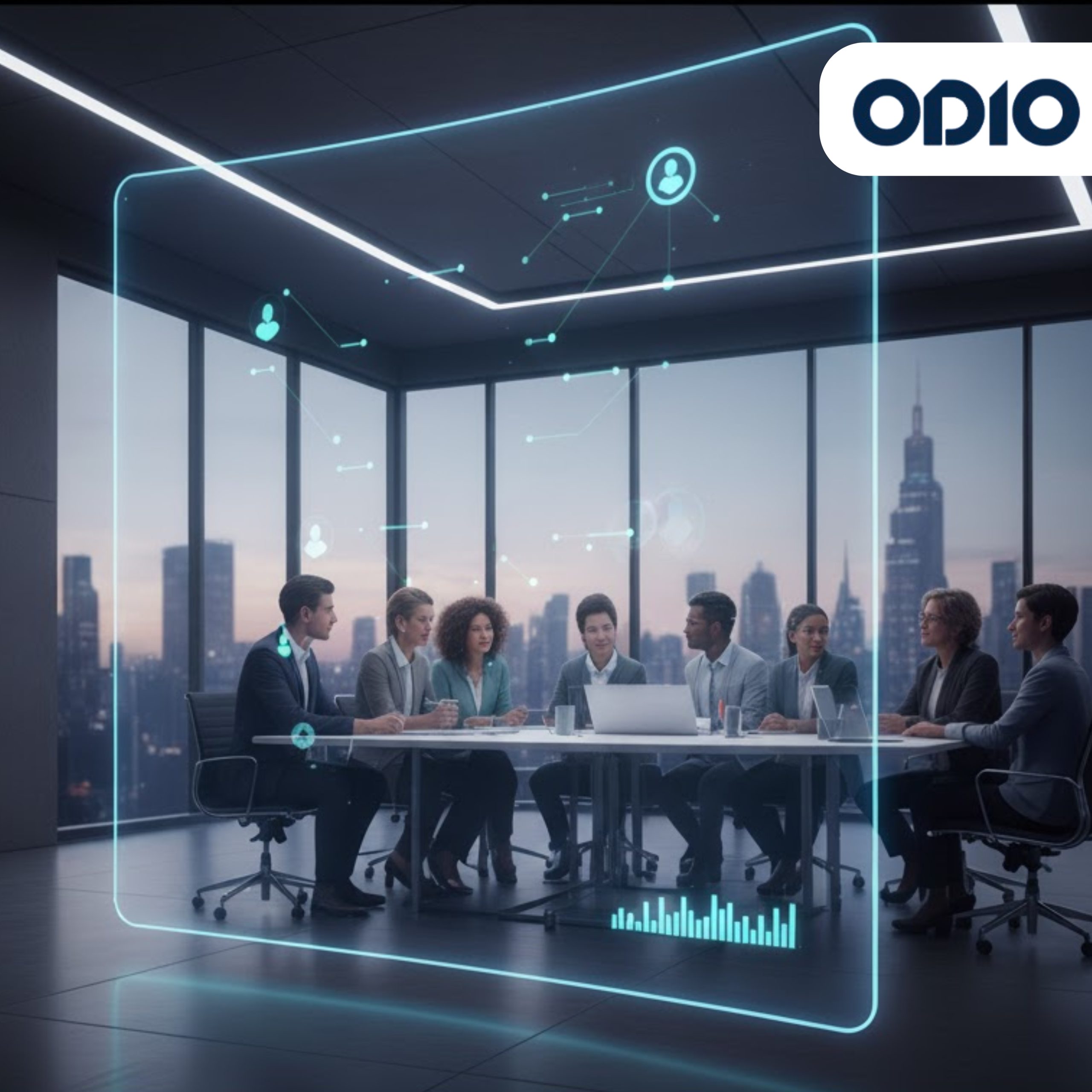 A diverse team of six business professionals sitting at a conference table in a modern, high-rise office, focused on a transparent, digital overlay displaying real-time interaction analytics and performance indicators.