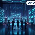 Futuristic glass skyscraper displaying holographic data interfaces for Enterprise AI, Real-time Analytics, AI-Powered Analytics, and Predictive Analytics, set against a dark, neon-lit city skyline.