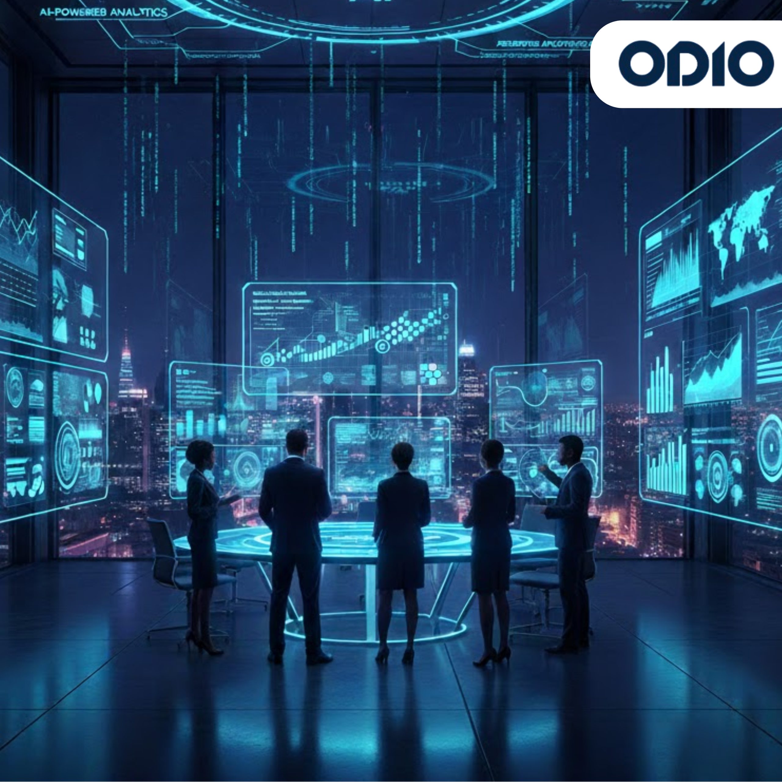 Enterprise AI & Real-Time Analytics: Futuristic Business Intelligence Futuristic glass skyscraper displaying holographic data interfaces for Enterprise AI, Real-time Analytics, AI-Powered Analytics, and Predictive Analytics, set against a dark, neon-lit city skyline.