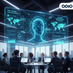A white, humanoid AI robot points to multiple floating holographic screens displaying real-time agent assistance, data quality assurance metrics, and conversational intelligence dashboards in a modern office.