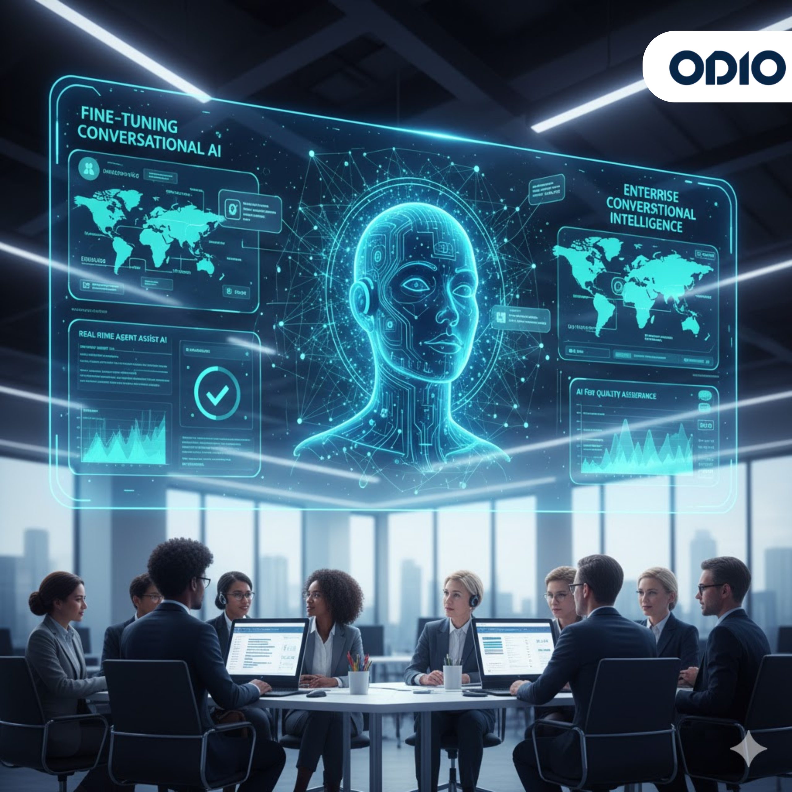 The AI Command Center: Optimizing Conversational Intelligence A white, humanoid AI robot points to multiple floating holographic screens displaying real-time agent assistance, data quality assurance metrics, and conversational intelligence dashboards in a modern office.