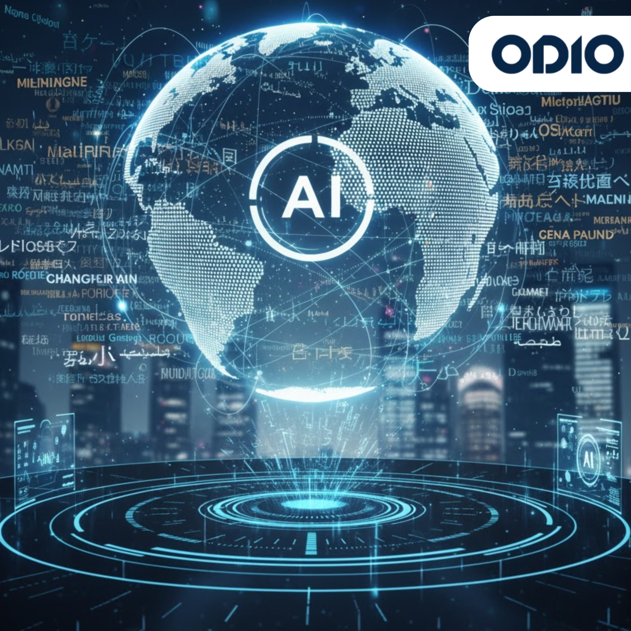 Digital graphic showing a glowing blue Earth with an "AI" icon at its center, surrounded by text and characters from various world languages. Text overlay reads: "Multilingual AI for Global Brands." Represents global communication, technology, and language translation.